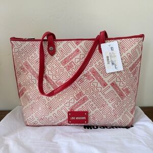 NWT Love Moschino Red & White Leather & Canvas Zipper Tote Bag with Dustbag
